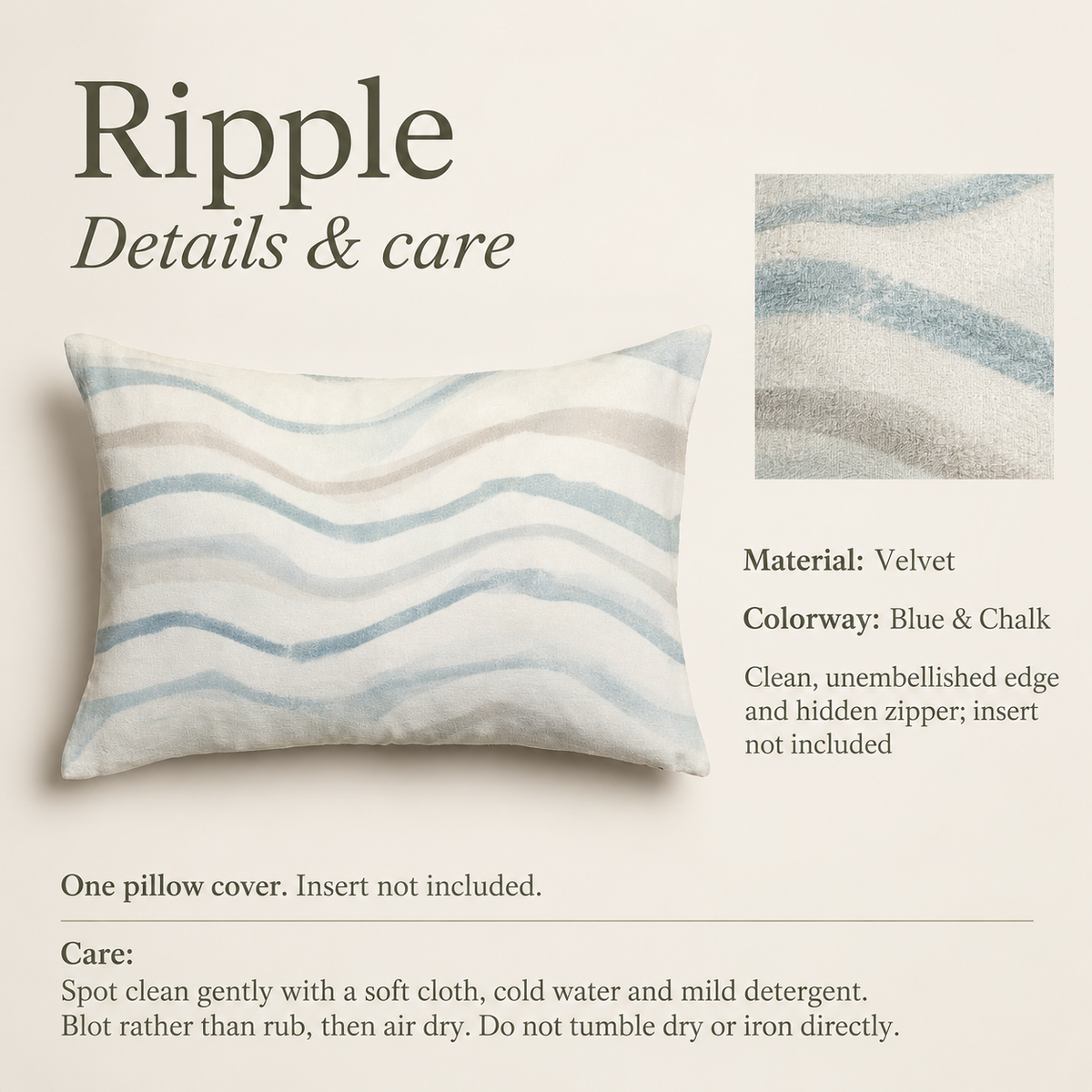 Ripple Abstract Velvet Lumbar Pillow Cover — Blue & Chalk; verified details and care guide.