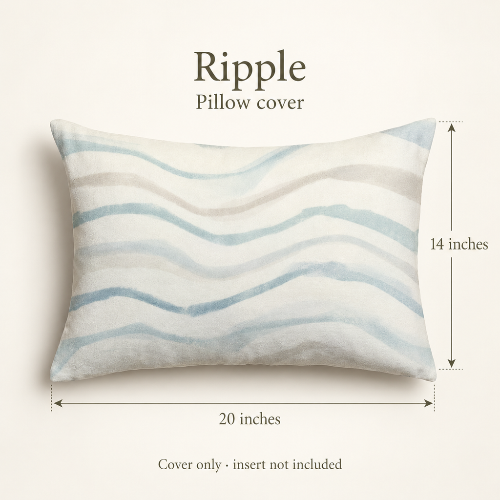 Ripple Abstract Velvet Lumbar Pillow Cover — Blue & Chalk; dimension diagram and inclusions.