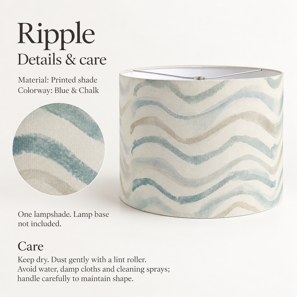 Ripple Abstract Drum Lampshade — Blue & Chalk; verified details and care guide.