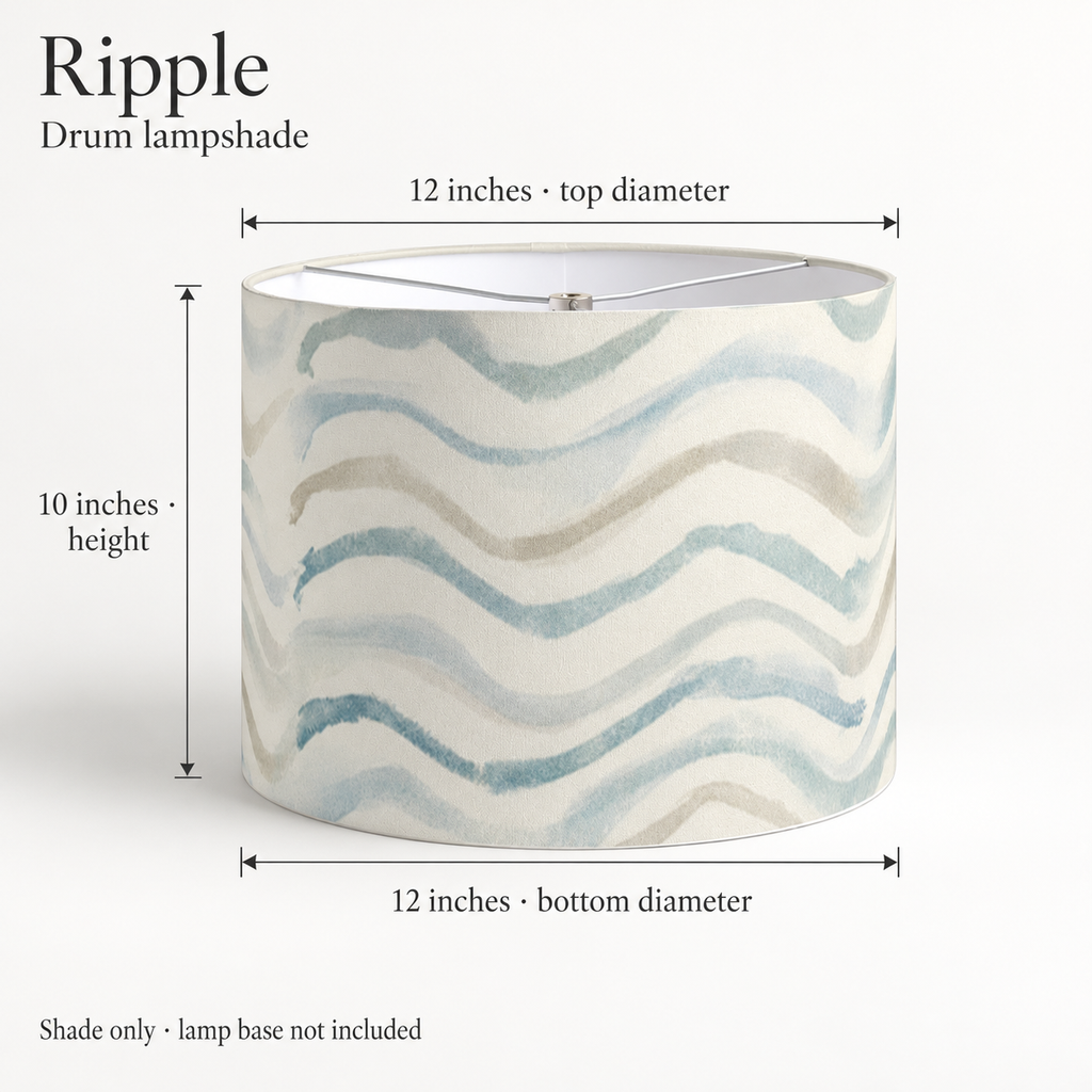 Ripple Abstract Drum Lampshade — Blue & Chalk; dimension diagram and inclusions.