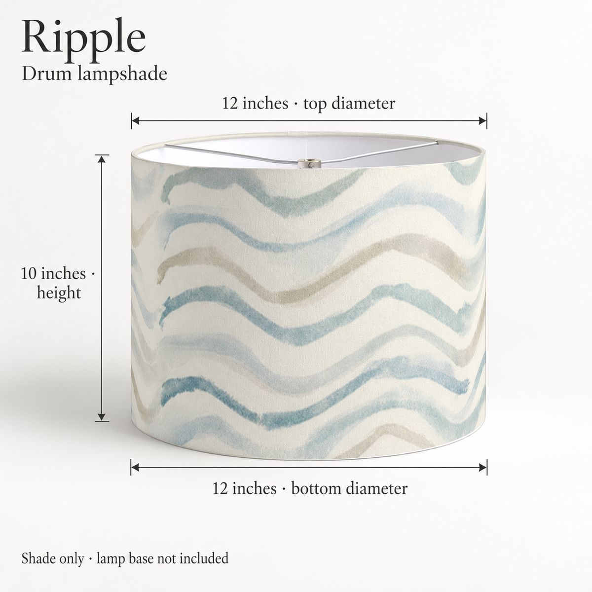 Ripple Abstract Drum Lampshade — Blue & Chalk; dimension diagram and inclusions.
