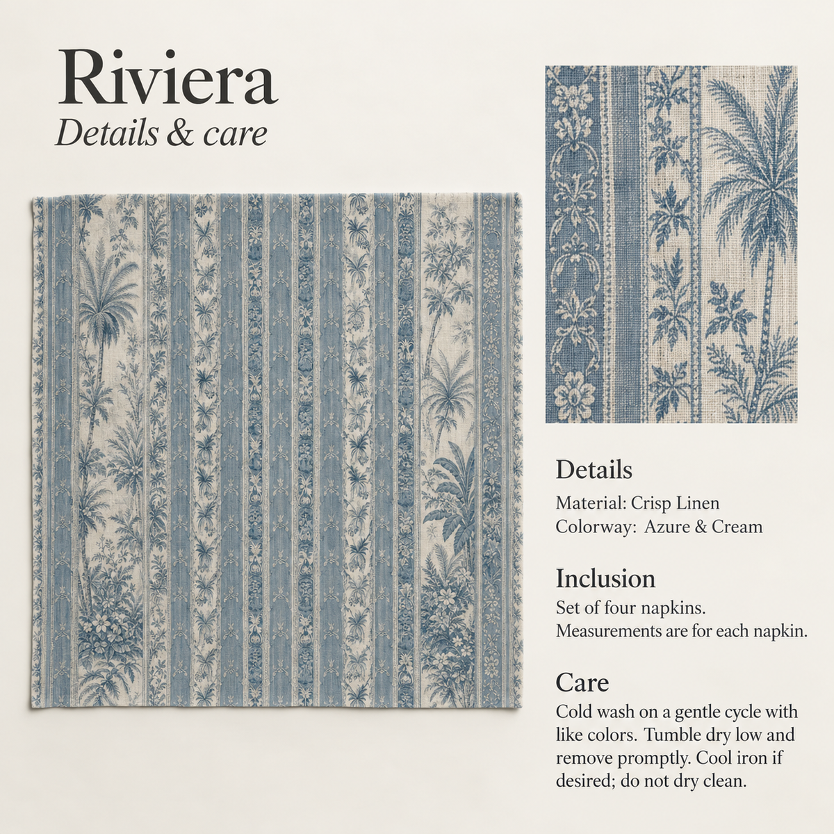 Riviera Scenic Linen Dinner Napkins — Azure & Cream; verified details and care guide.