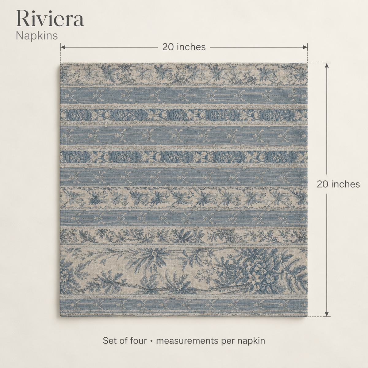 Riviera Scenic Linen Dinner Napkins — Azure & Cream; dimension diagram and inclusions.