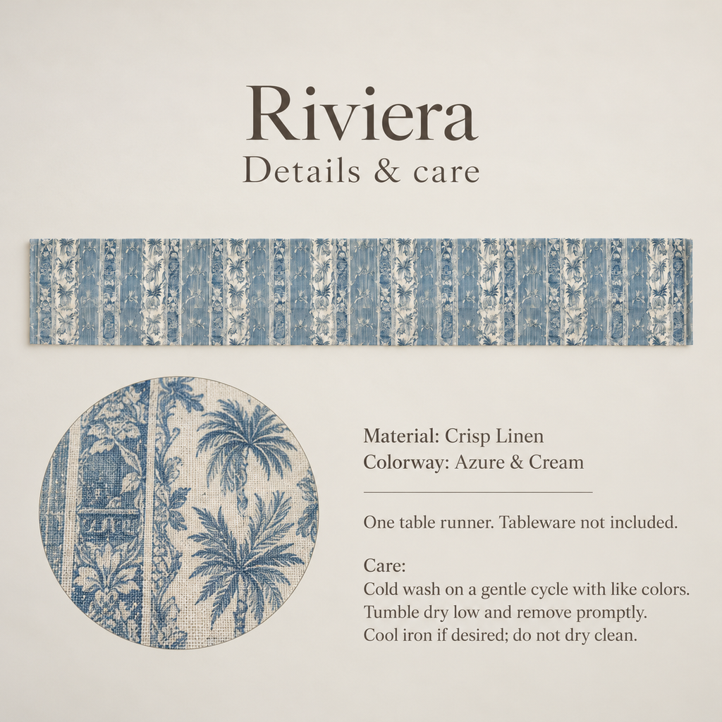 Riviera Scenic Linen Table Runner — Azure & Cream; verified details and care guide.