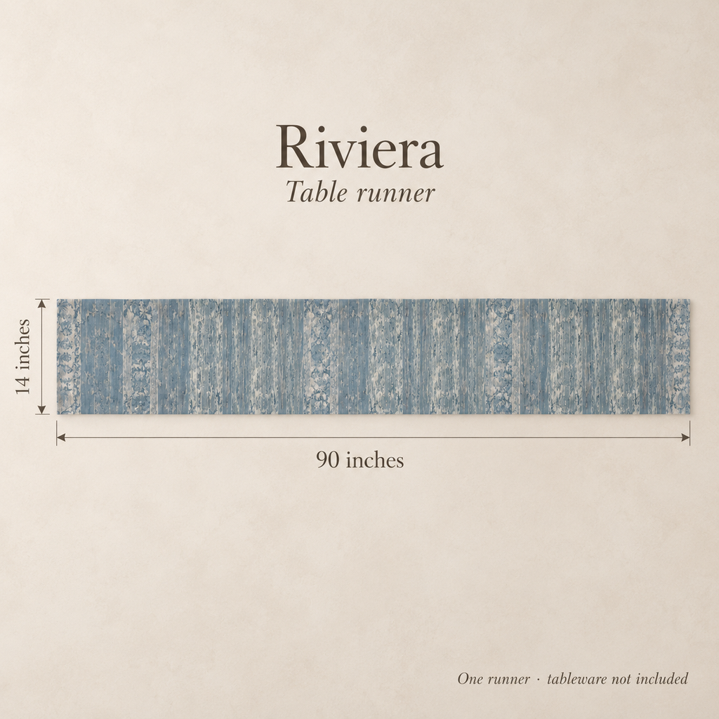 Riviera Scenic Linen Table Runner — Azure & Cream; dimension diagram and inclusions.