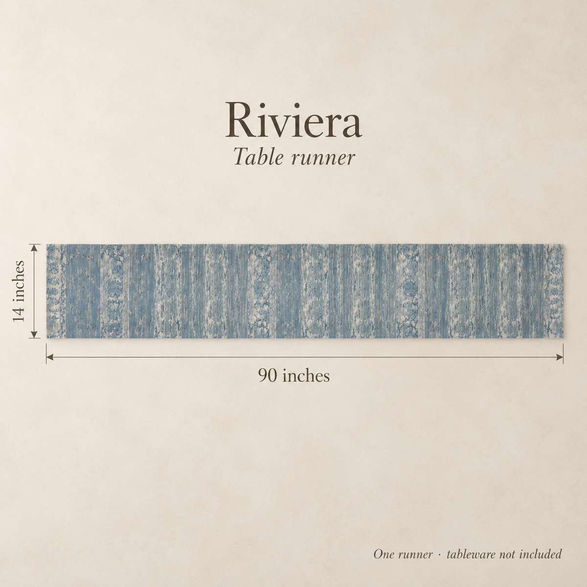 Riviera Scenic Linen Table Runner — Azure & Cream; dimension diagram and inclusions.