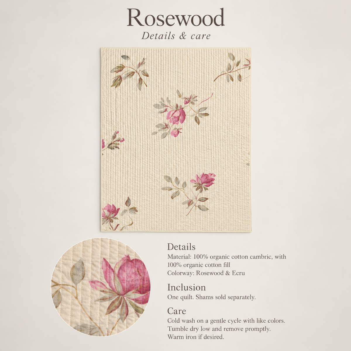 Rosewood Floral Organic Cotton Quilt — Rosewood & Ecru; verified details and care guide.