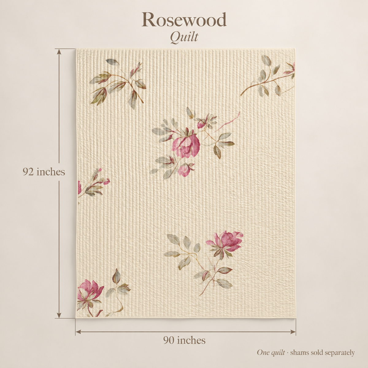 Rosewood Floral Organic Cotton Quilt — Rosewood & Ecru; dimension diagram and inclusions.