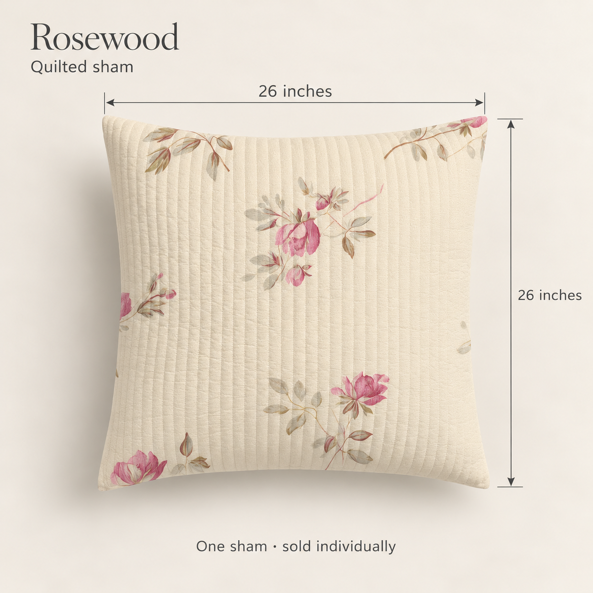 Rosewood Floral Organic Cotton Euro Sham — Rosewood & Ecru; dimension diagram and inclusions.