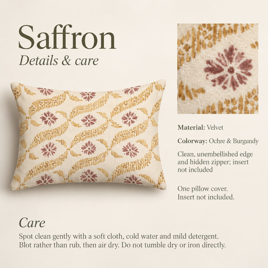 Saffron Geometric Velvet Lumbar Pillow Cover — Ochre & Burgundy; verified details and care guide.