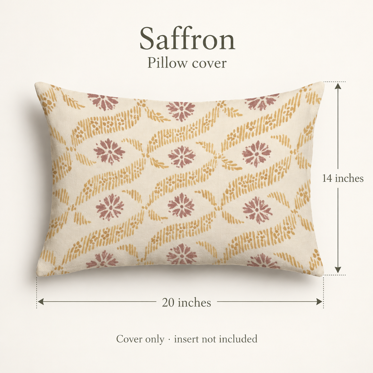 Saffron Geometric Velvet Lumbar Pillow Cover — Ochre & Burgundy; dimension diagram and inclusions.