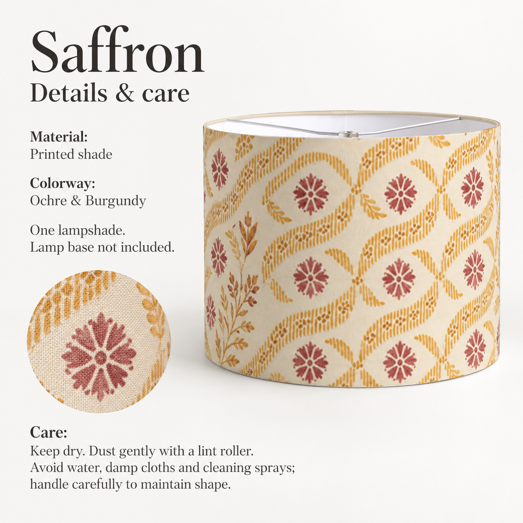 Saffron Geometric Drum Lampshade — Ochre & Burgundy; verified details and care guide.