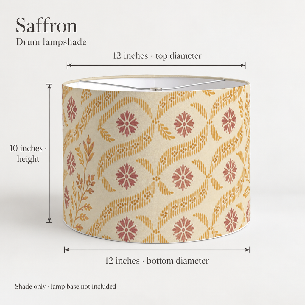 Saffron Geometric Drum Lampshade — Ochre & Burgundy; dimension diagram and inclusions.