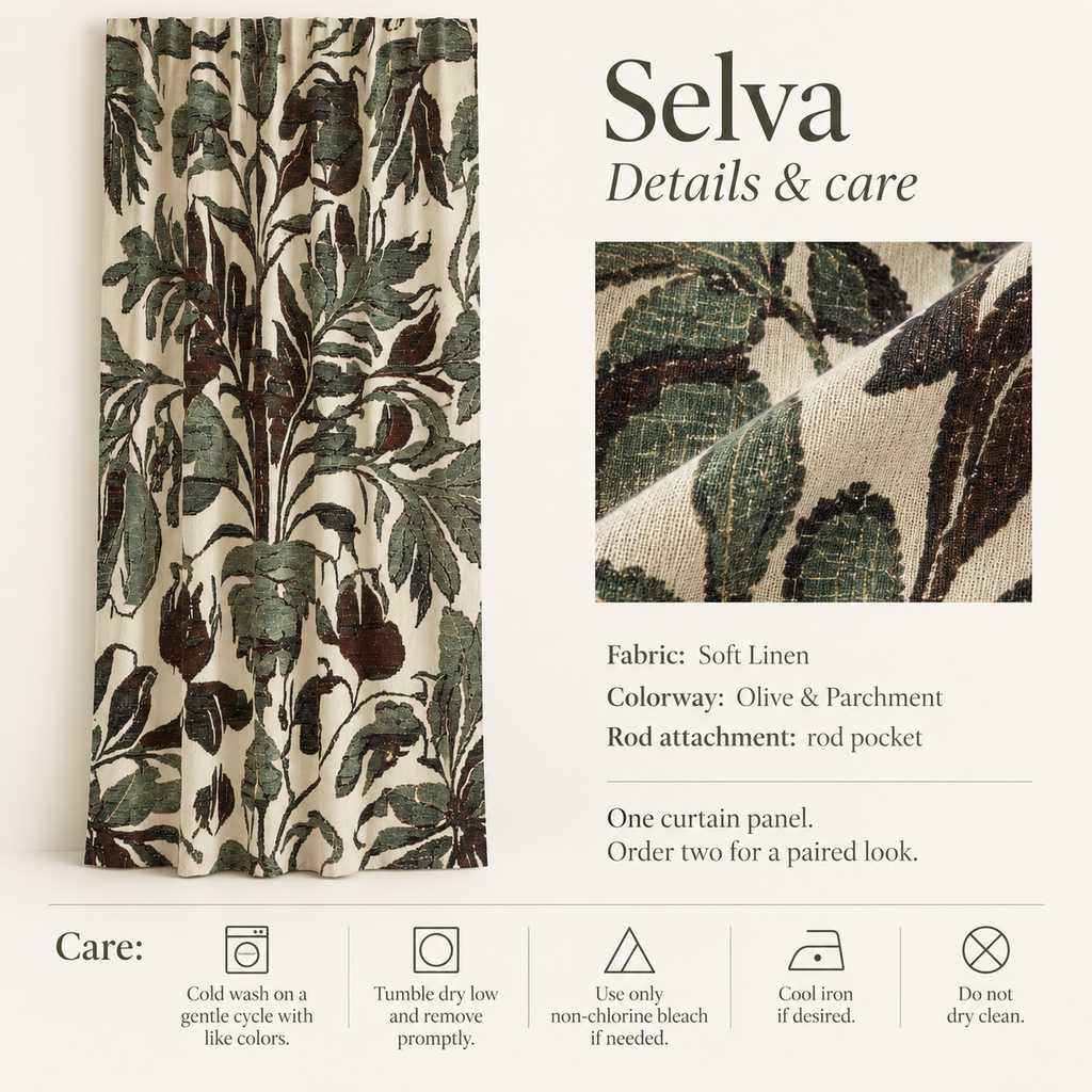 Selva Botanical Linen Curtain Panel — Olive & Parchment; verified details and care guide.