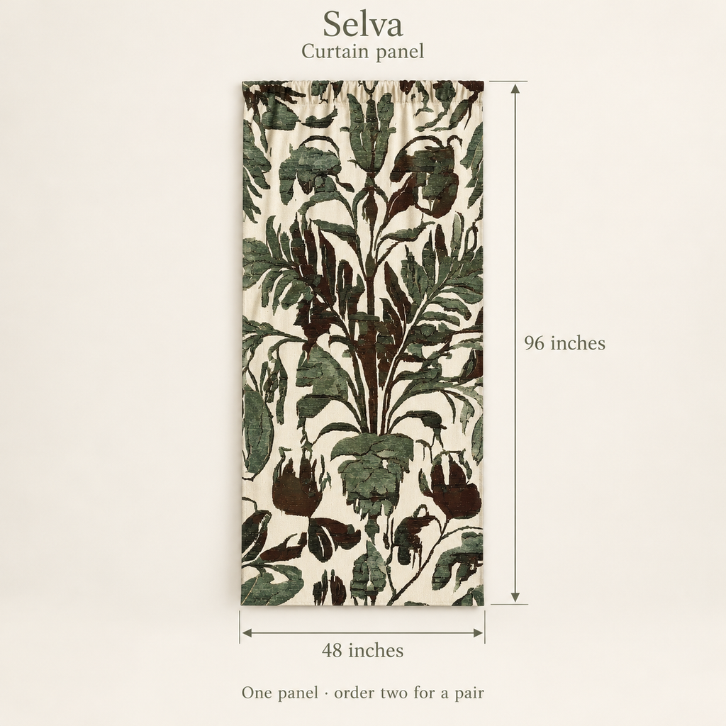 Selva Botanical Linen Curtain Panel — Olive & Parchment; dimension diagram and inclusions.