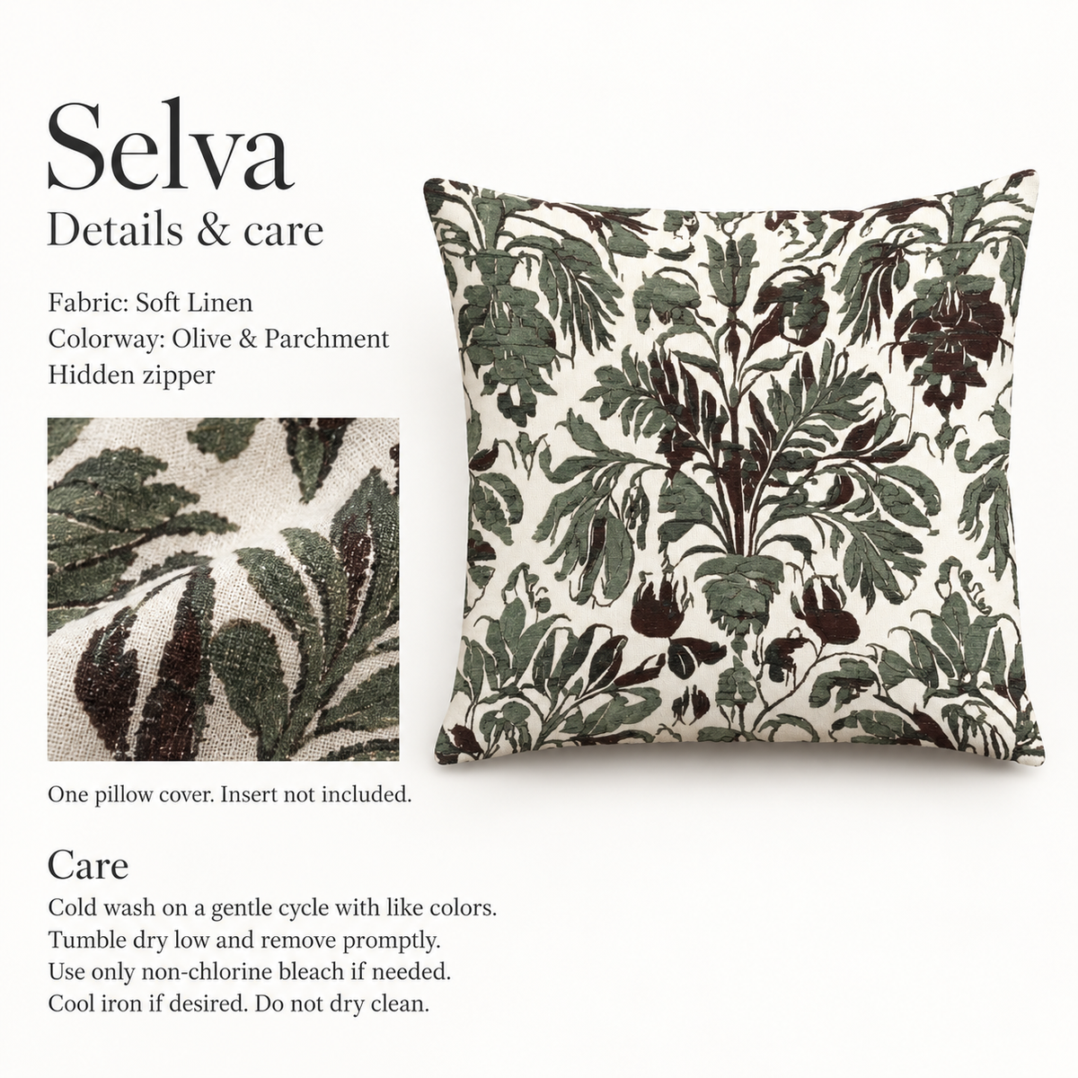 Selva Botanical Linen Pillow Cover — Olive & Parchment; verified details and care guide.
