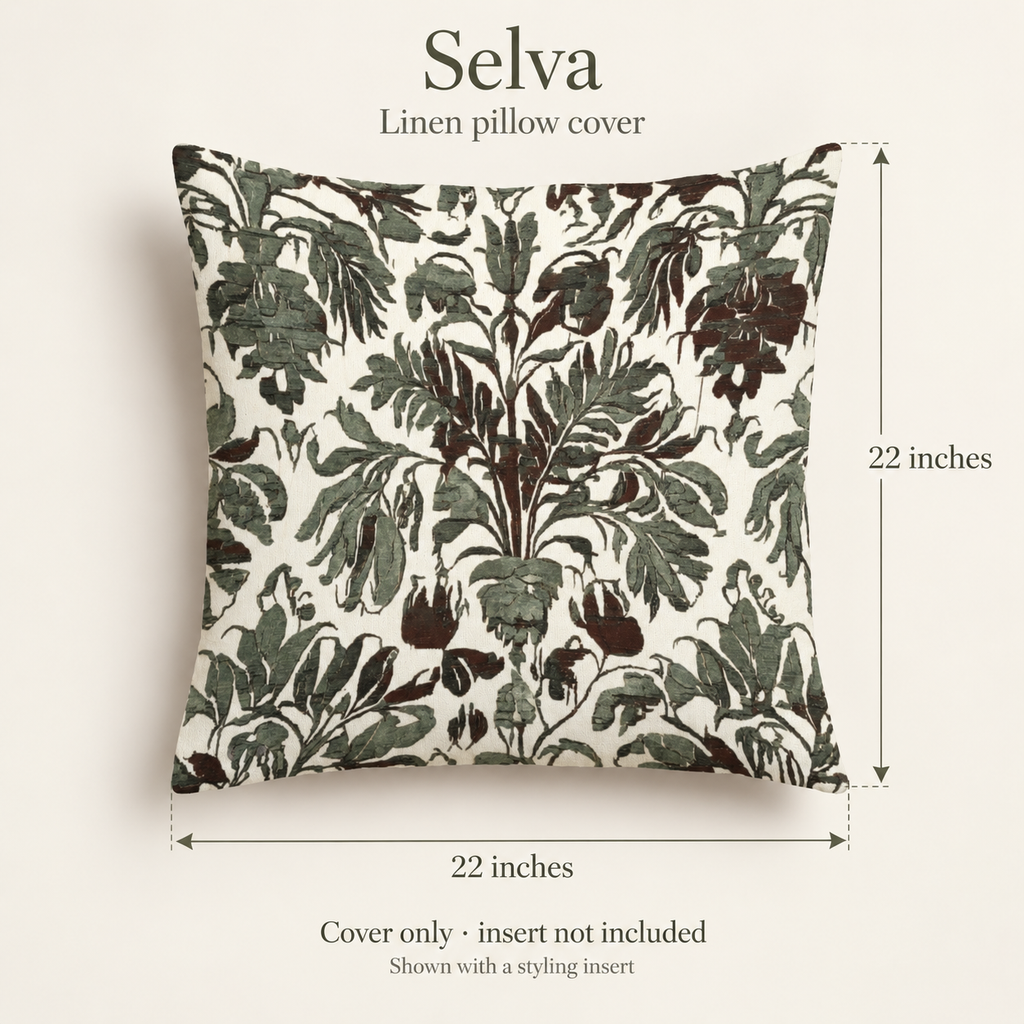 Selva Botanical Linen Pillow Cover — Olive & Parchment; dimension diagram and inclusions.