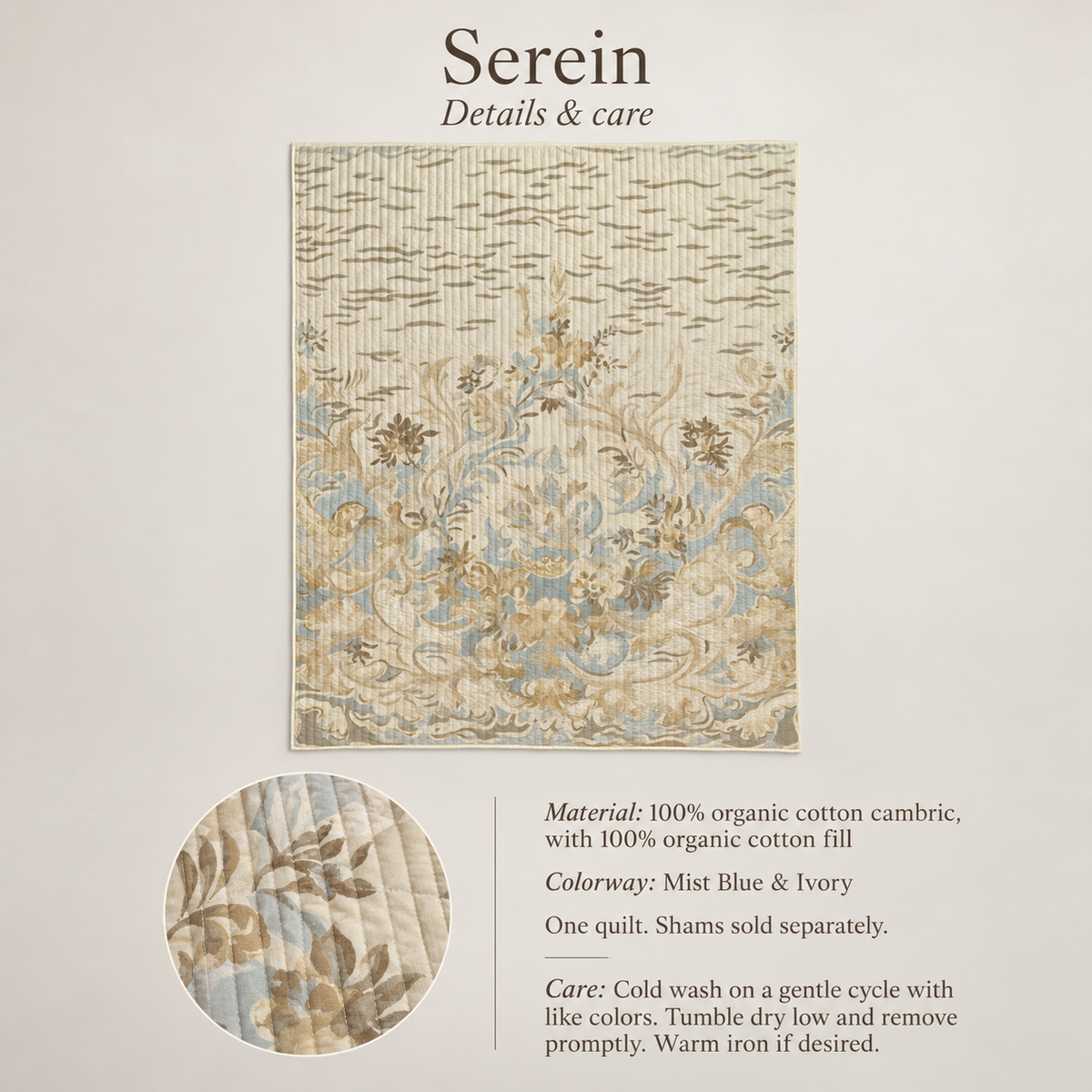 Serein Scenic Organic Cotton Quilt — Mist Blue & Ivory; verified details and care guide.