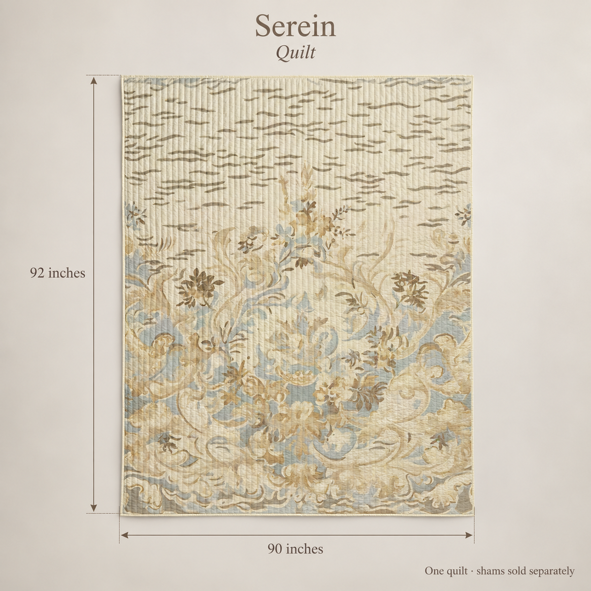 Serein Scenic Organic Cotton Quilt — Mist Blue & Ivory; dimension diagram and inclusions.