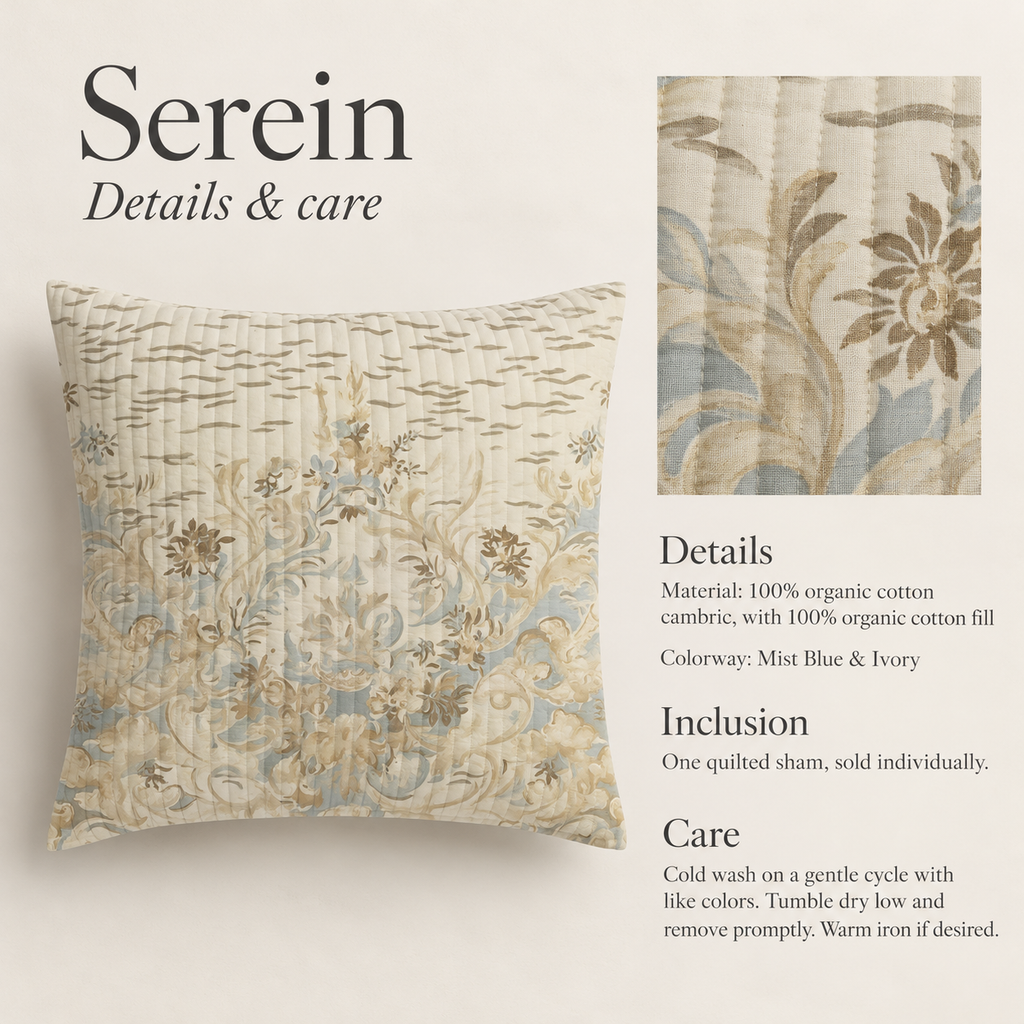 Serein Scenic Organic Cotton Euro Sham — Mist Blue & Ivory; verified details and care guide.