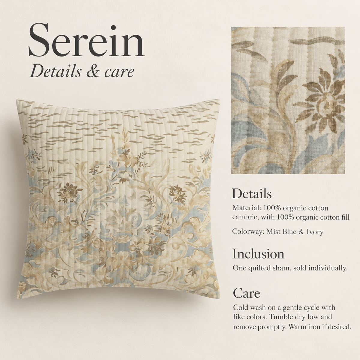 Serein Scenic Organic Cotton Euro Sham — Mist Blue & Ivory; verified details and care guide.