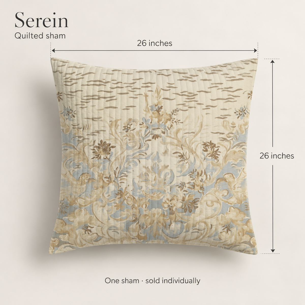 Serein Scenic Organic Cotton Euro Sham — Mist Blue & Ivory; dimension diagram and inclusions.