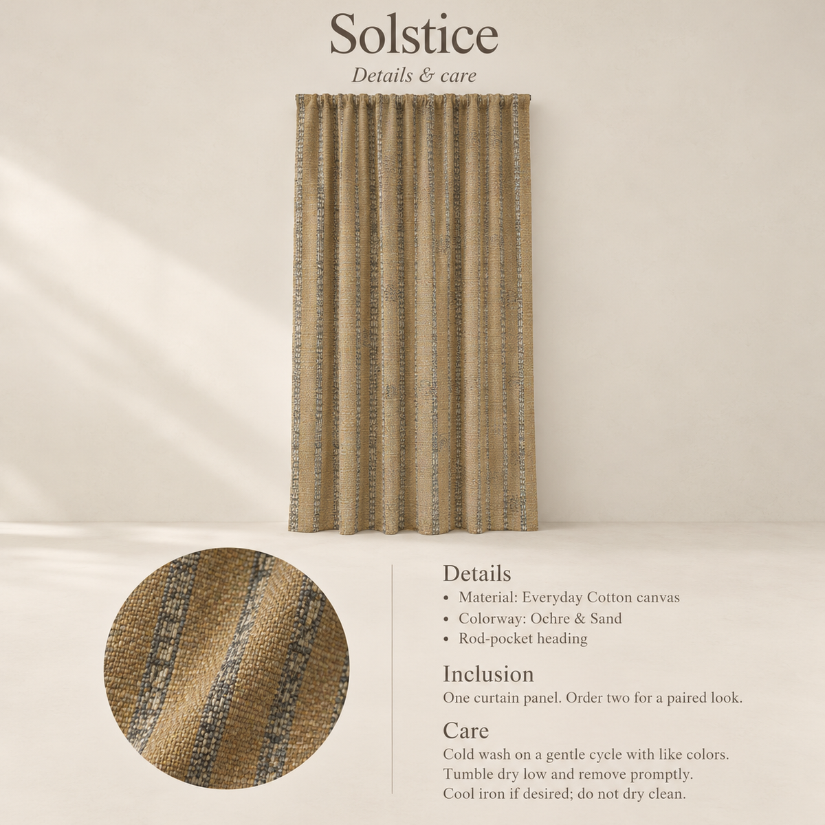 Solstice Stripe Everyday Cotton Curtain Panel — Ochre & Sand; verified details and care guide.