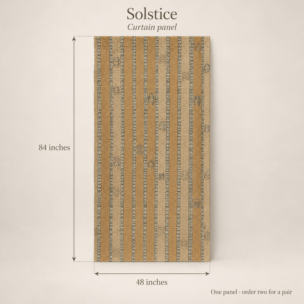 Solstice Stripe Everyday Cotton Curtain Panel — Ochre & Sand; dimension diagram and inclusions.