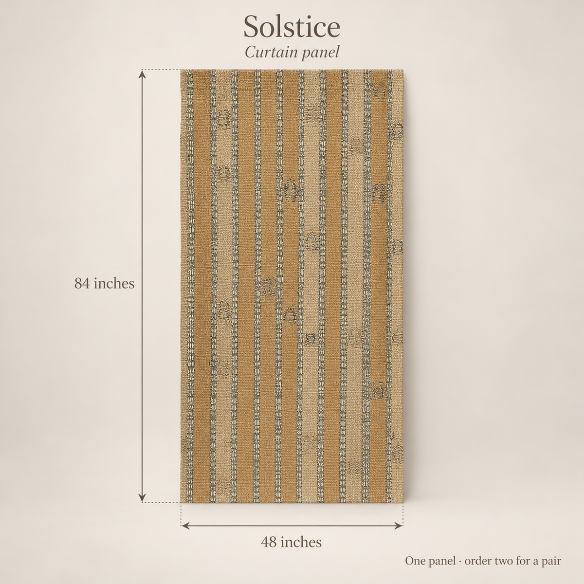 Solstice Stripe Everyday Cotton Curtain Panel — Ochre & Sand; dimension diagram and inclusions.