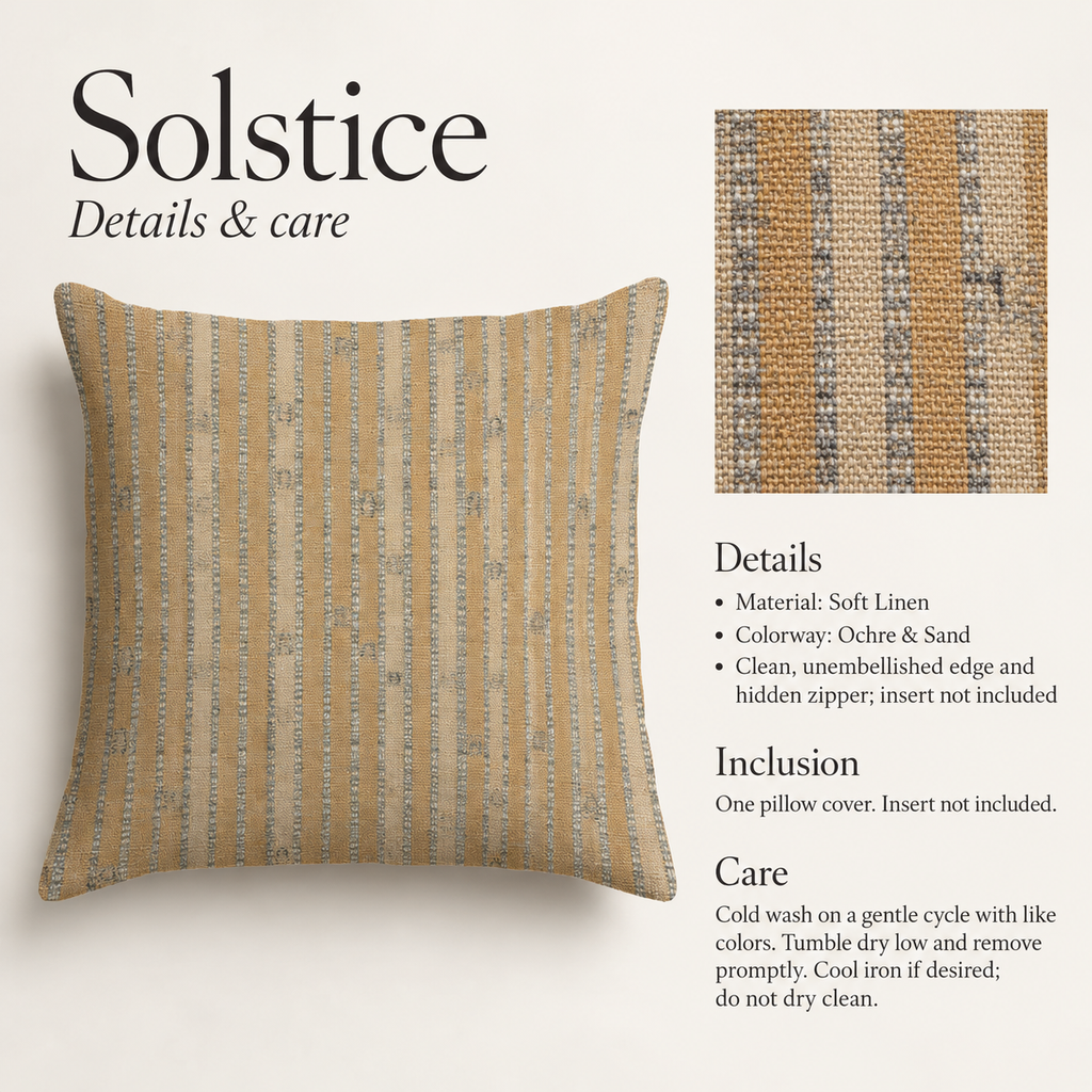 Solstice Stripe Soft Linen Pillow Cover — Ochre & Sand; verified details and care guide.