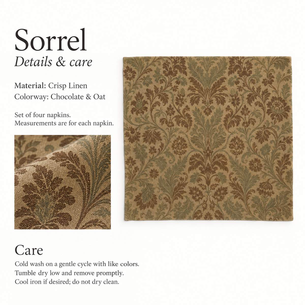 Sorrel Floral Linen Dinner Napkins — Chocolate & Oat; verified details and care guide.