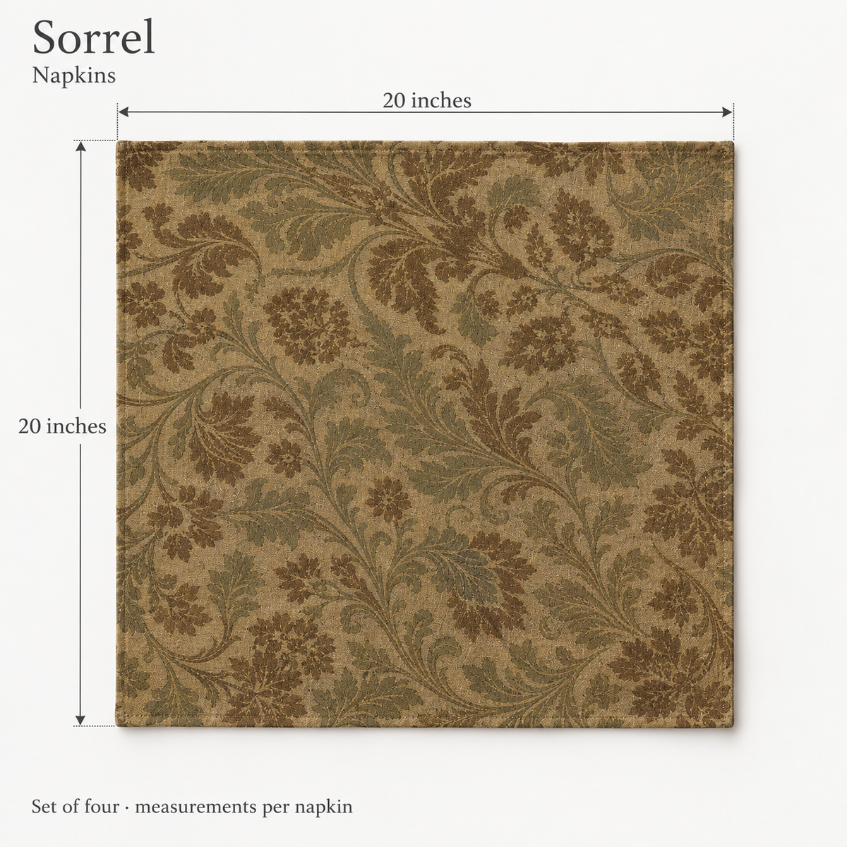 Sorrel Floral Linen Dinner Napkins — Chocolate & Oat; dimension diagram and inclusions.