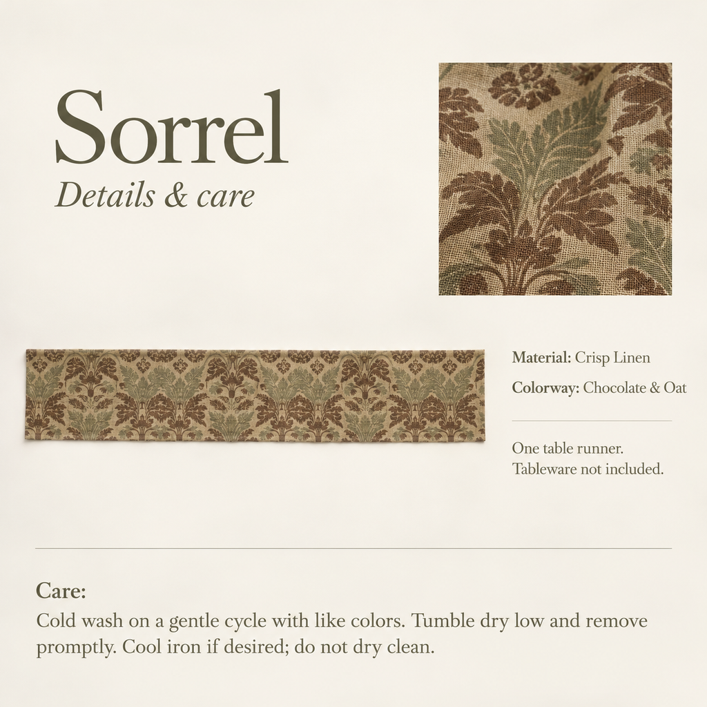 Sorrel Floral Linen Table Runner — Chocolate & Oat; verified details and care guide.
