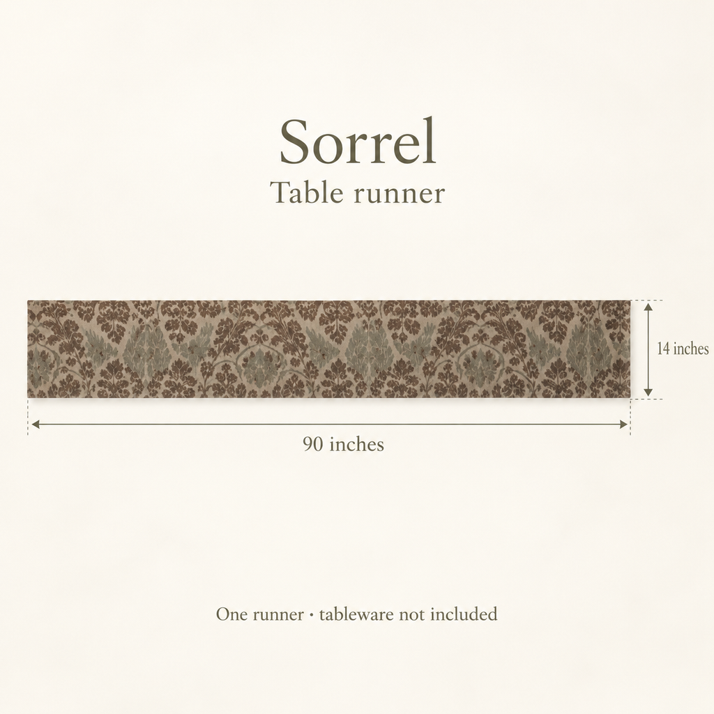 Sorrel Floral Linen Table Runner — Chocolate & Oat; dimension diagram and inclusions.