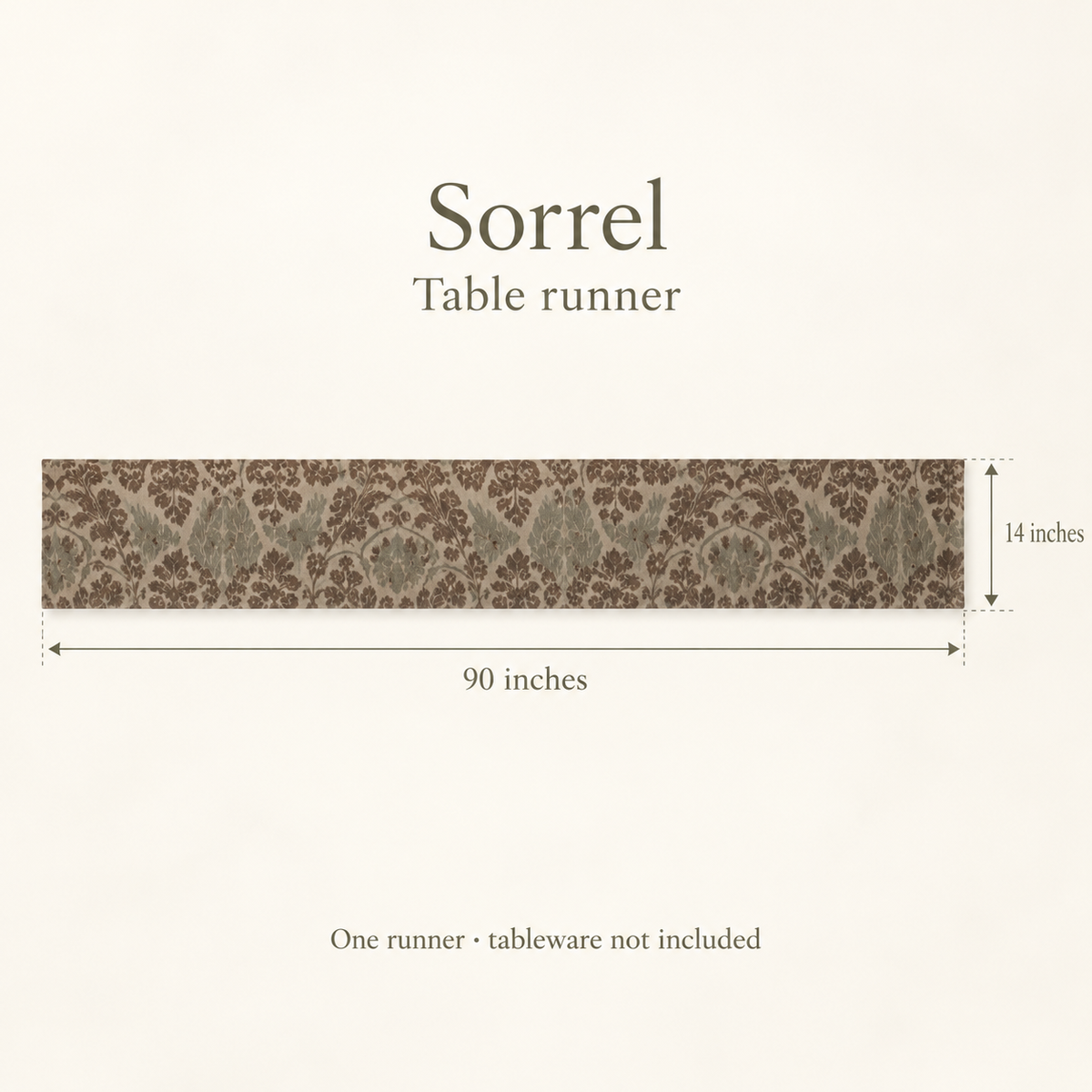 Sorrel Floral Linen Table Runner — Chocolate & Oat; dimension diagram and inclusions.