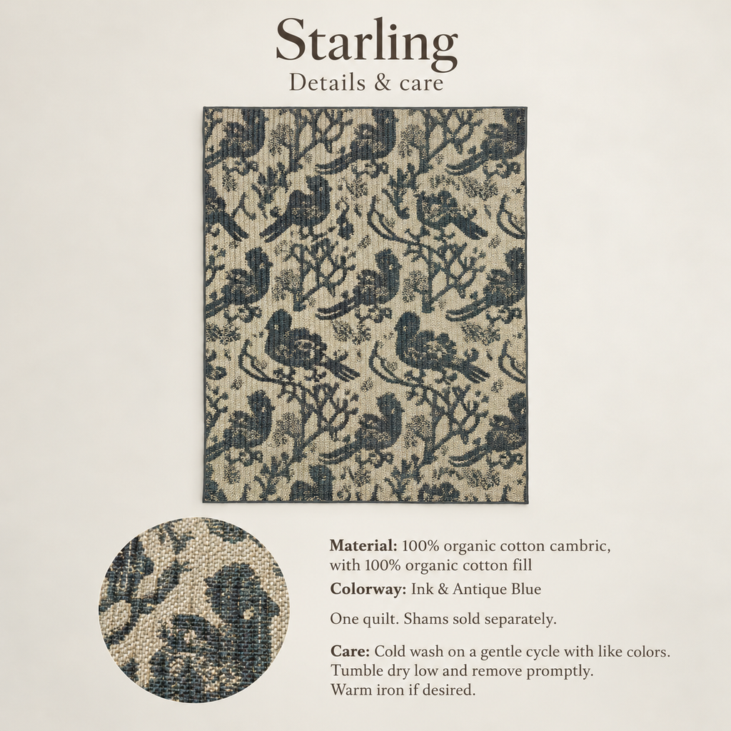 Starling Scenic Organic Cotton Quilt — Ink & Antique Blue; verified details and care guide.