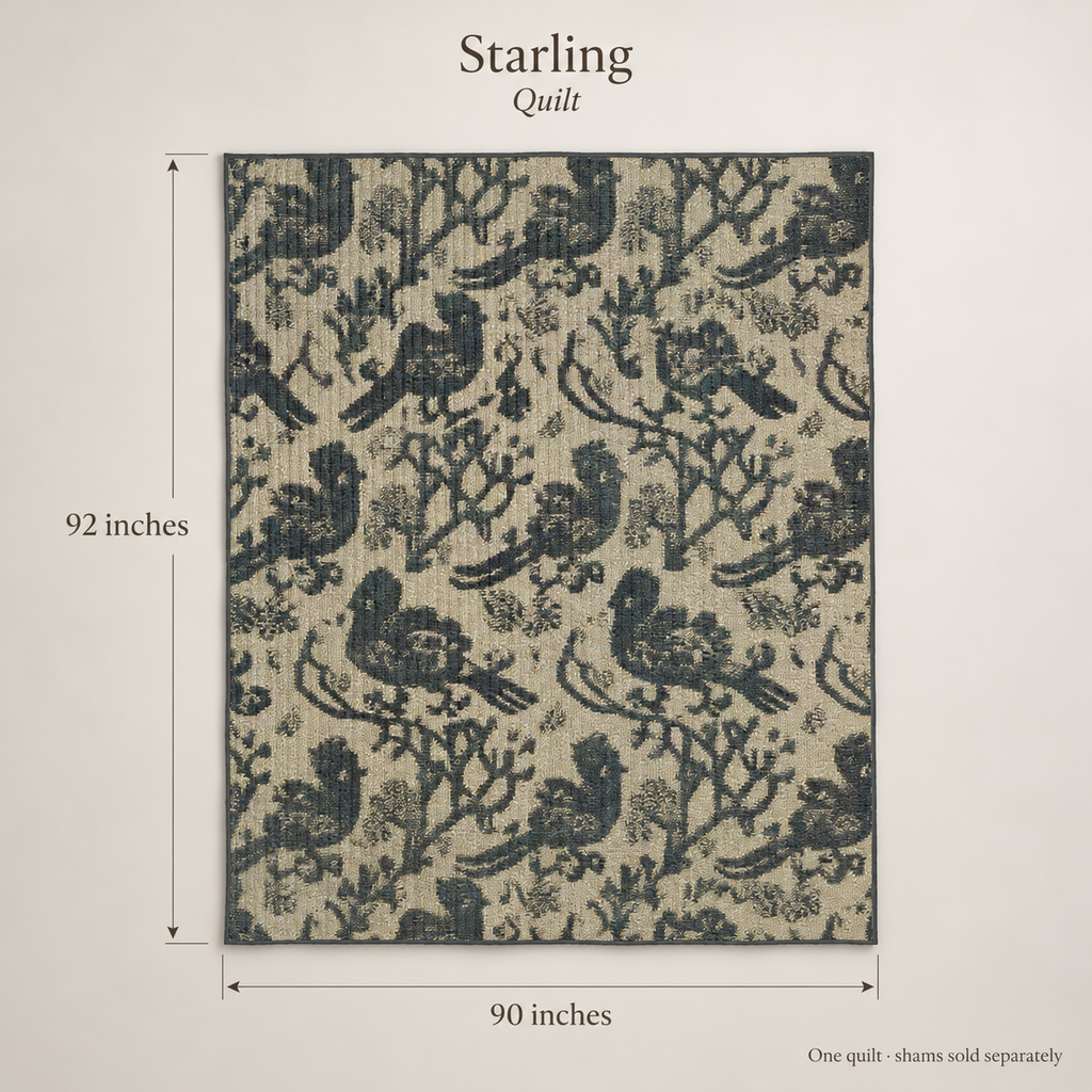 Starling Scenic Organic Cotton Quilt — Ink & Antique Blue; dimension diagram and inclusions.