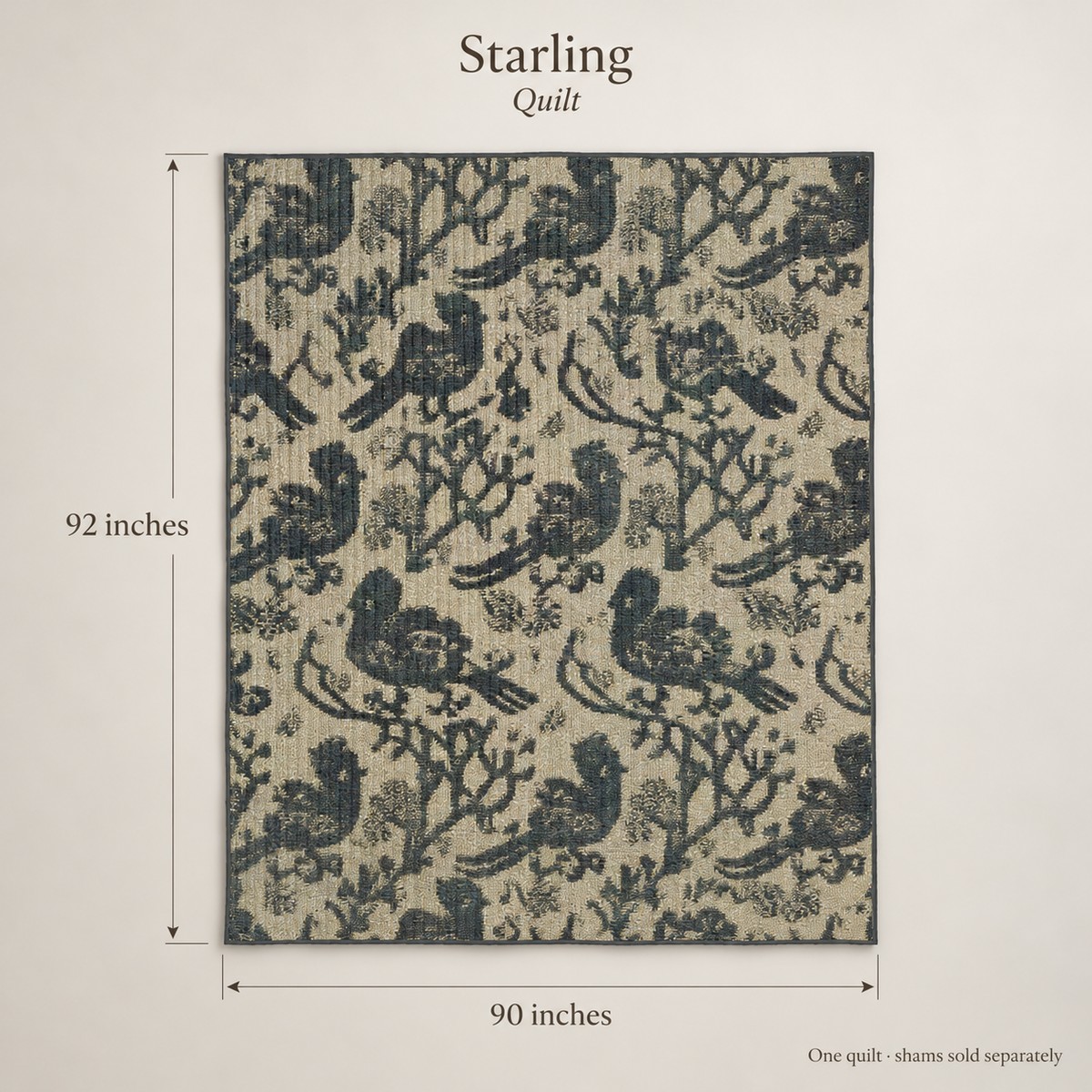 Starling Scenic Organic Cotton Quilt — Ink & Antique Blue; dimension diagram and inclusions.