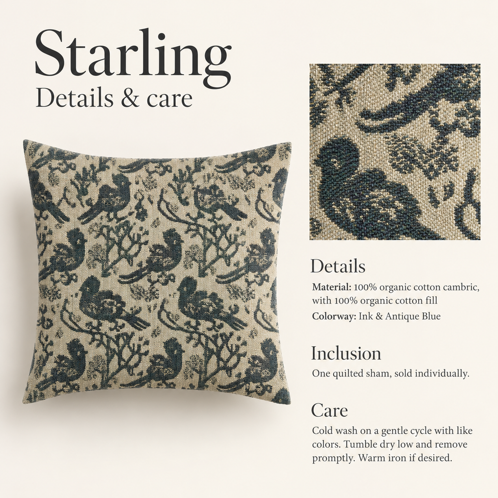 Starling Scenic Organic Cotton Euro Sham — Ink & Antique Blue; verified details and care guide.