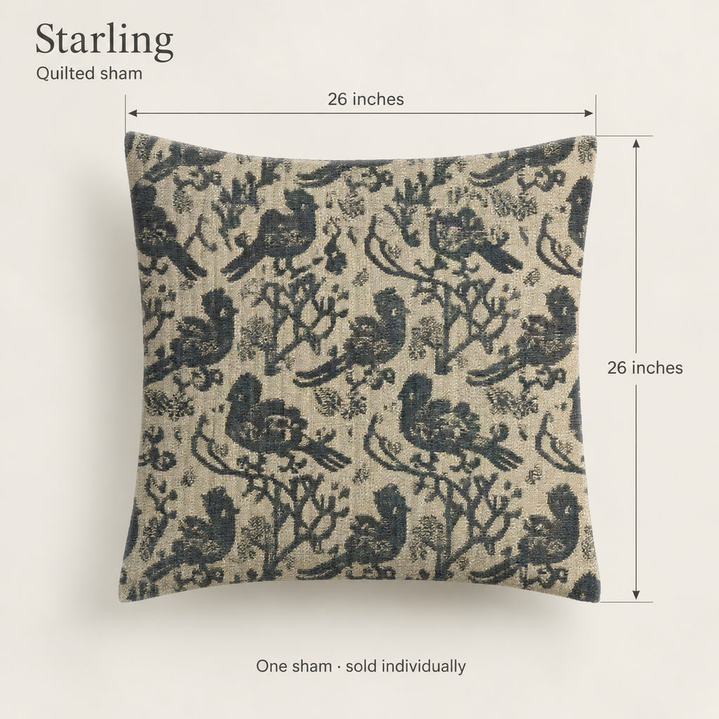 Starling Scenic Organic Cotton Euro Sham — Ink & Antique Blue; dimension diagram and inclusions.