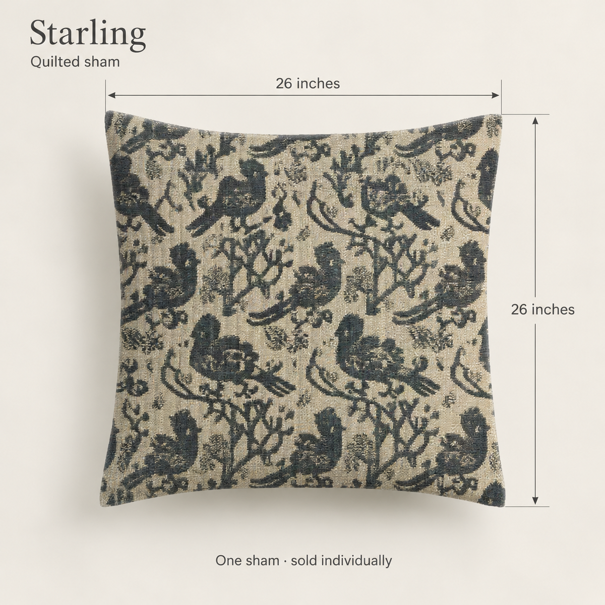 Starling Scenic Organic Cotton Euro Sham — Ink & Antique Blue; dimension diagram and inclusions.