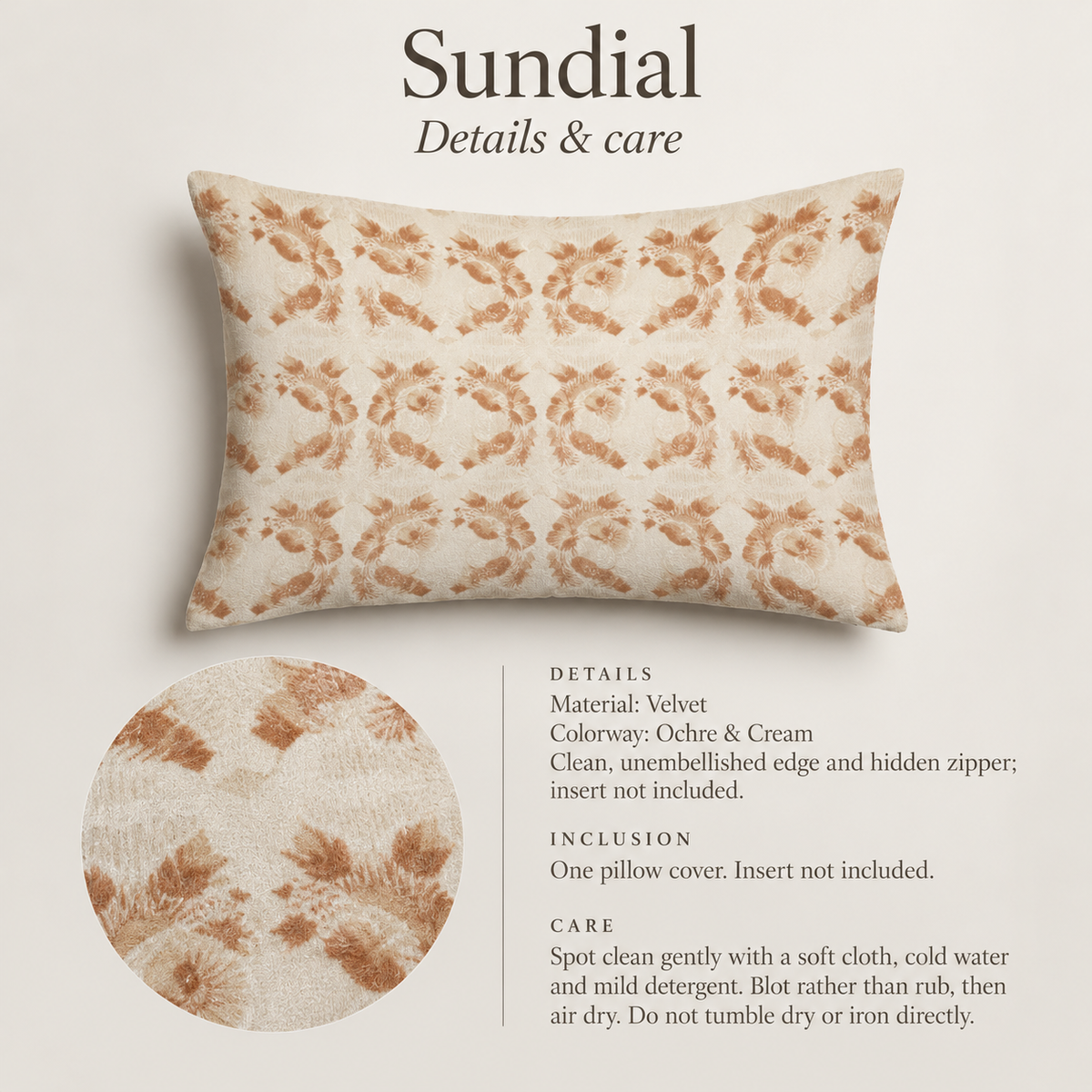 Sundial Geometric Velvet Lumbar Pillow Cover — Ochre & Cream; verified details and care guide.