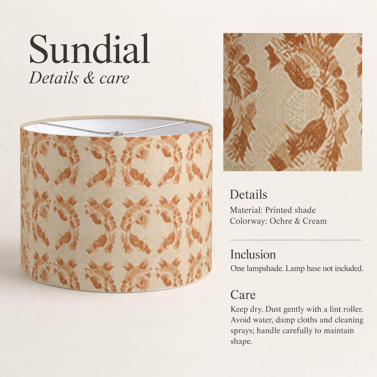 Sundial Geometric Drum Lampshade — Ochre & Cream; verified details and care guide.