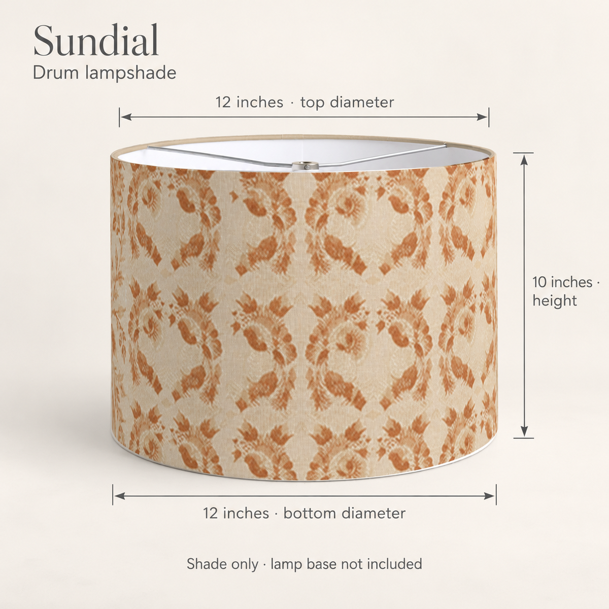 Sundial Geometric Drum Lampshade — Ochre & Cream; dimension diagram and inclusions.