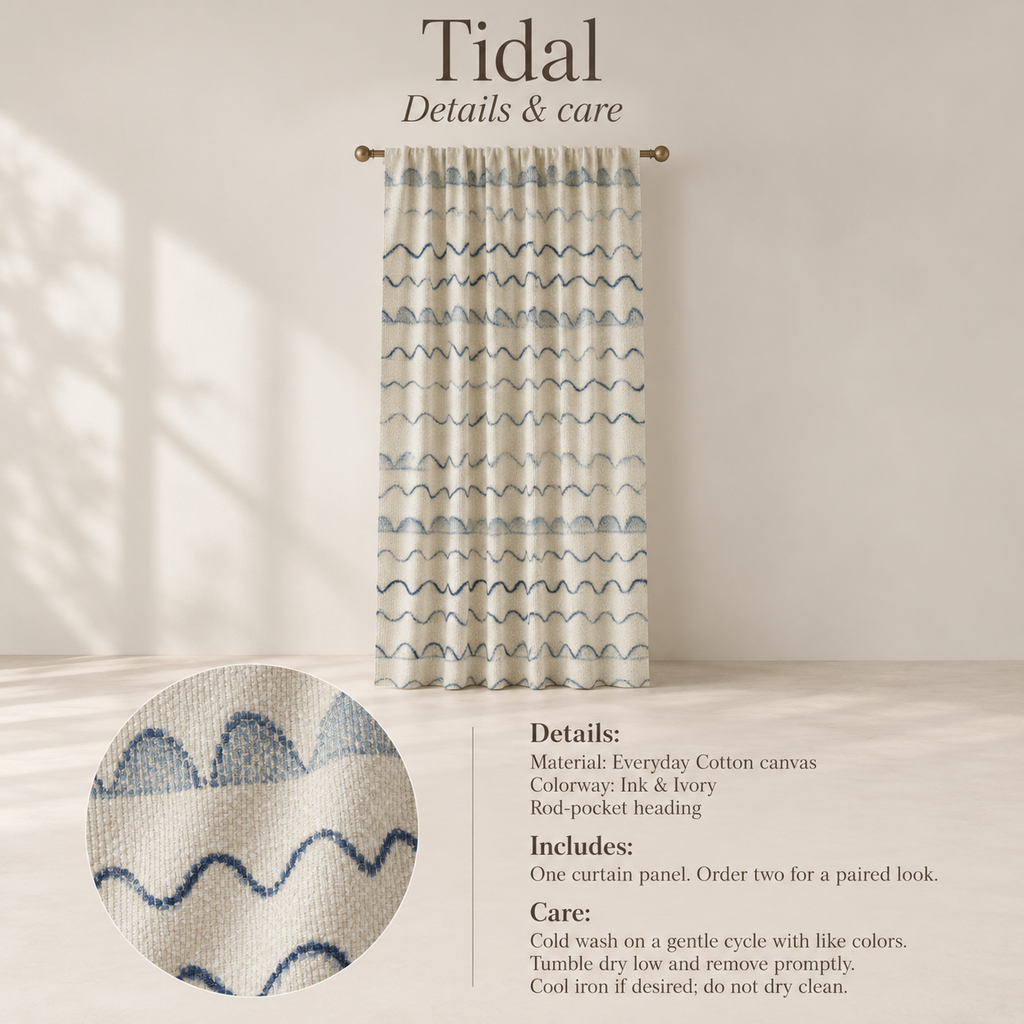 Tidal Geometric Everyday Cotton Curtain Panel — Ink & Ivory; verified details and care guide.