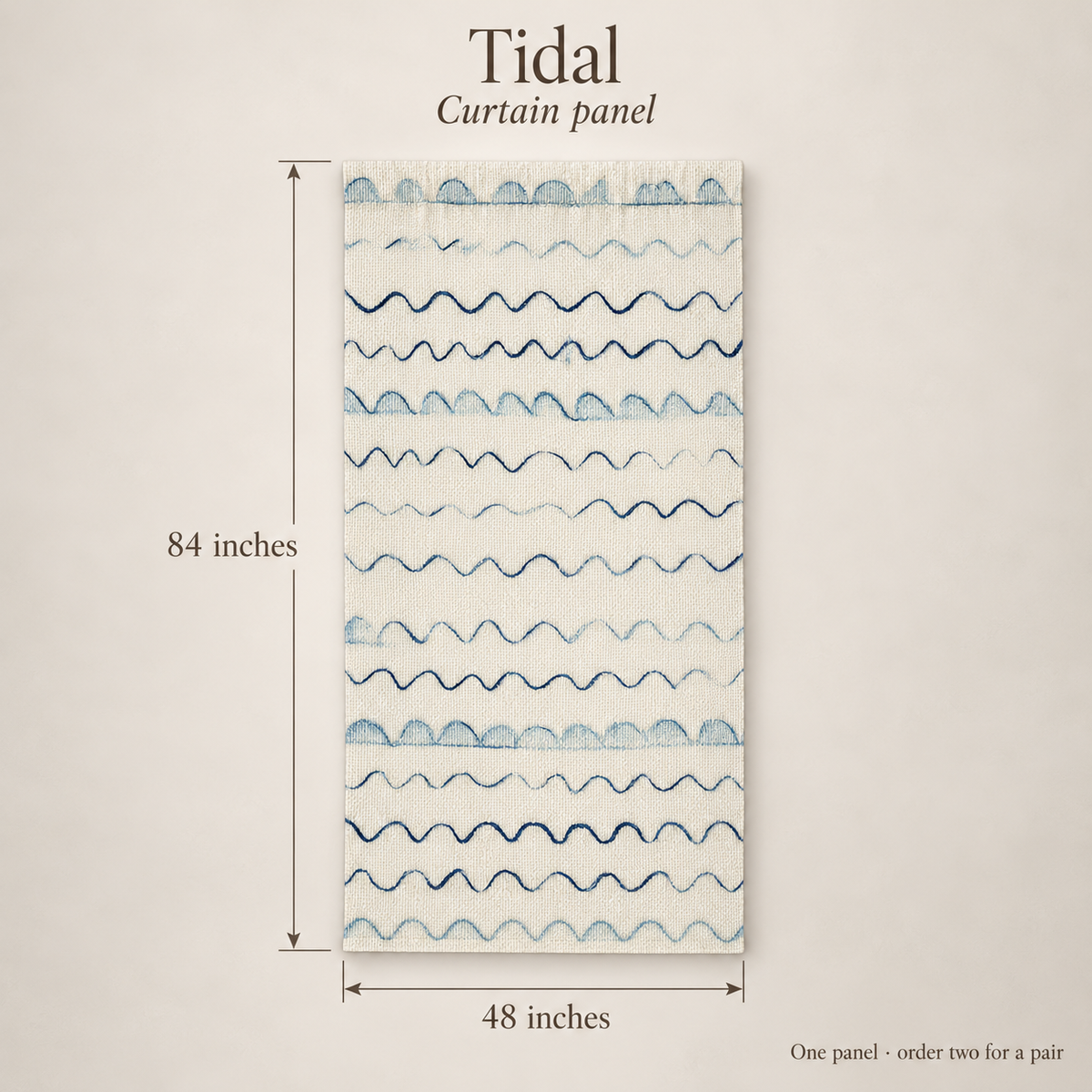 Tidal Geometric Everyday Cotton Curtain Panel — Ink & Ivory; dimension diagram and inclusions.