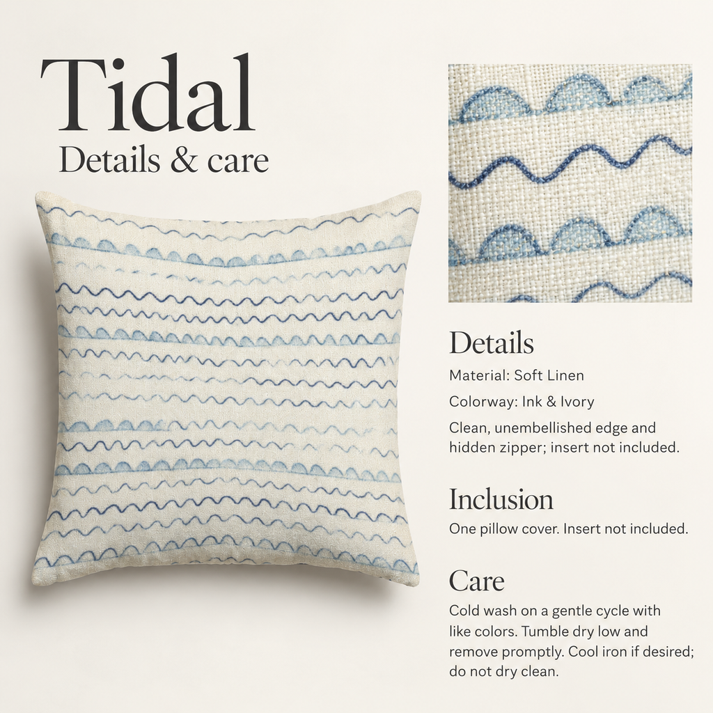 Tidal Geometric Soft Linen Pillow Cover — Ink & Ivory; verified details and care guide.