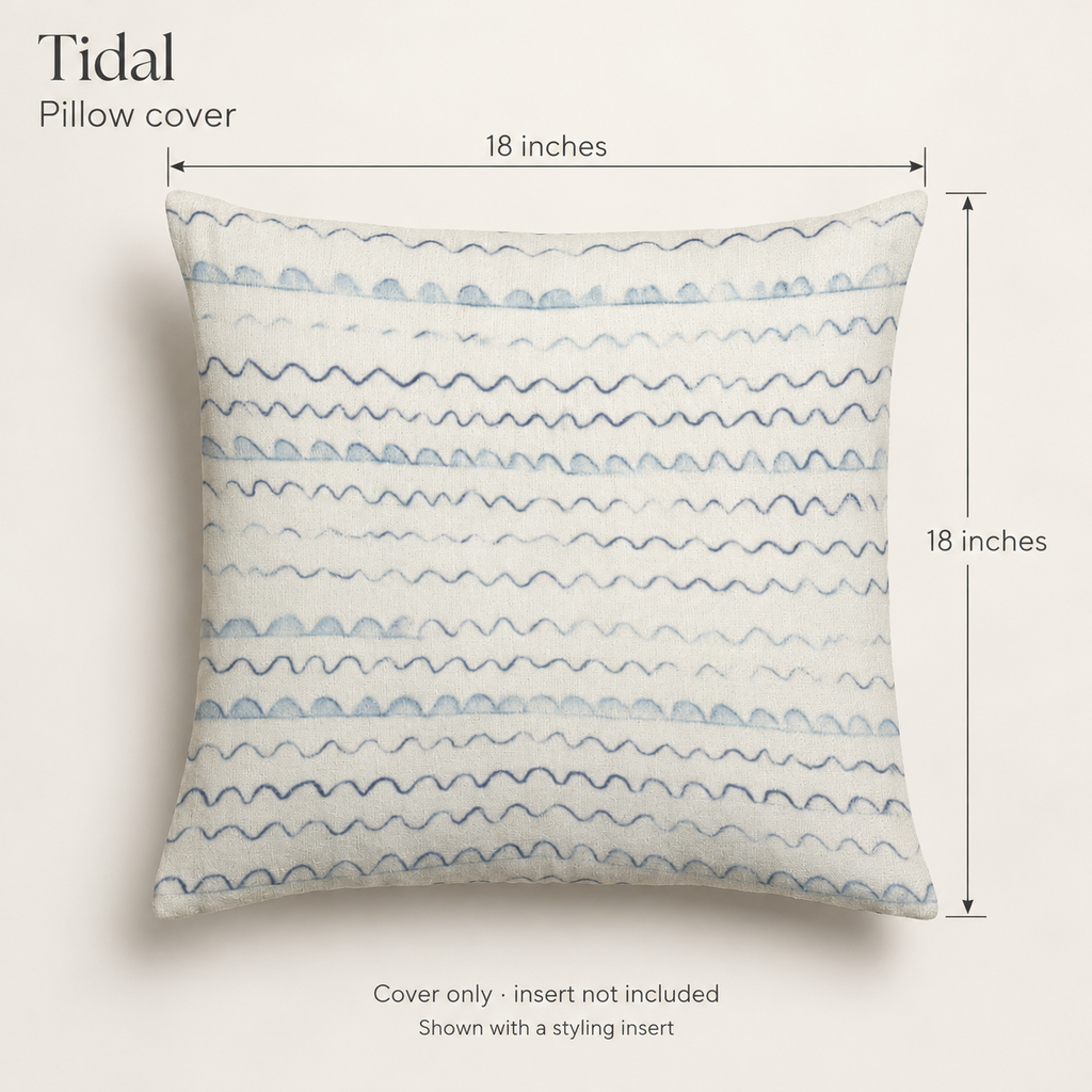 Tidal Geometric Soft Linen Pillow Cover — Ink & Ivory; dimension diagram and inclusions.