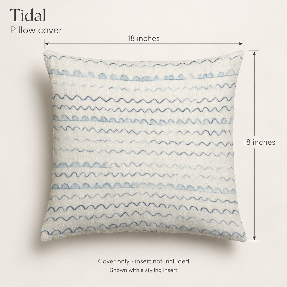 Tidal Geometric Soft Linen Pillow Cover — Ink & Ivory; dimension diagram and inclusions.