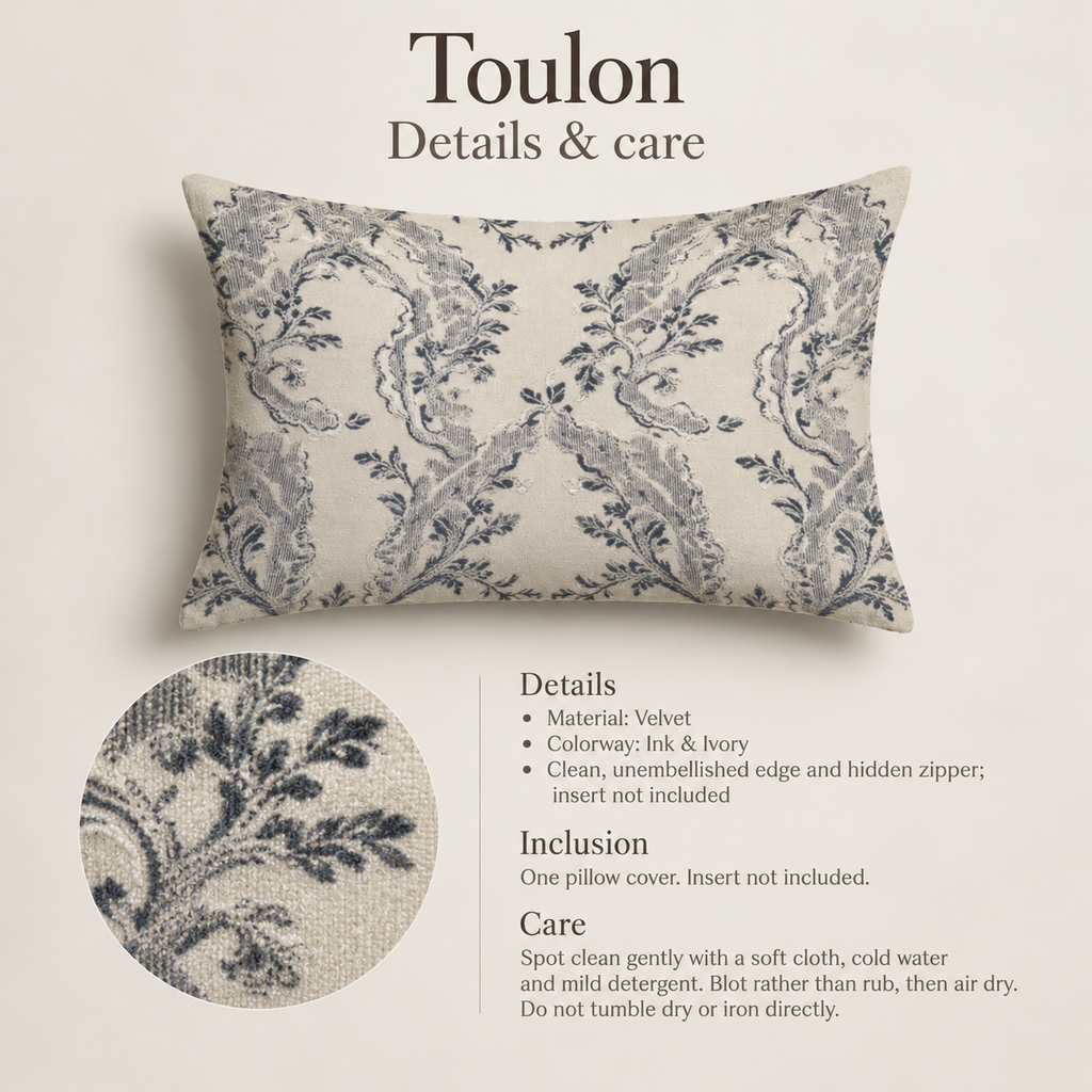 Toulon Scenic Velvet Lumbar Pillow Cover — Ink & Ivory; verified details and care guide.